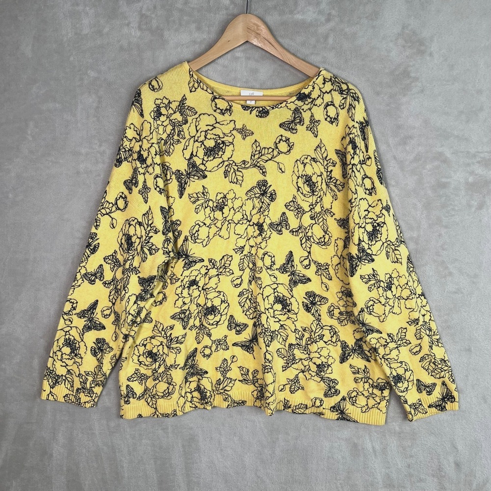 J.Jill Stenciled Garden Butter Yellow Knit Sweater 2X Floral Butterfly Botanical